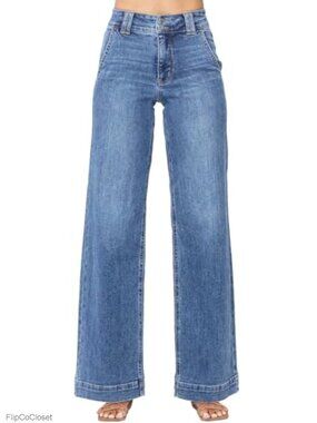 High Waisted Wide Leg Straight Jeans Tummy Control Stretch Denim